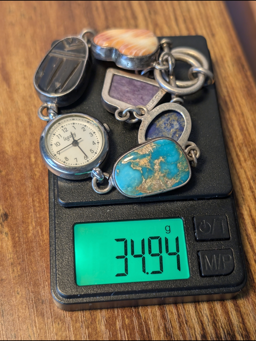 Signed J. Yates Navajo Sterling Silver Watch - Turquoise, Spiny Oyster, Scarab - Picture 11 of 12